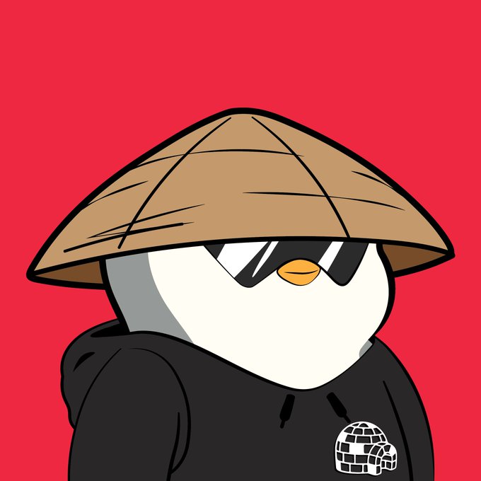 A cartoon penguin wearing a conical straw hat, dark sunglasses, and a black hoodie with an igloo logo stands against a red background, embodying the "cool" aesthetic of the Pudgy Penguin #604 NFT purchased for 4.950 ETH on OpenSea.