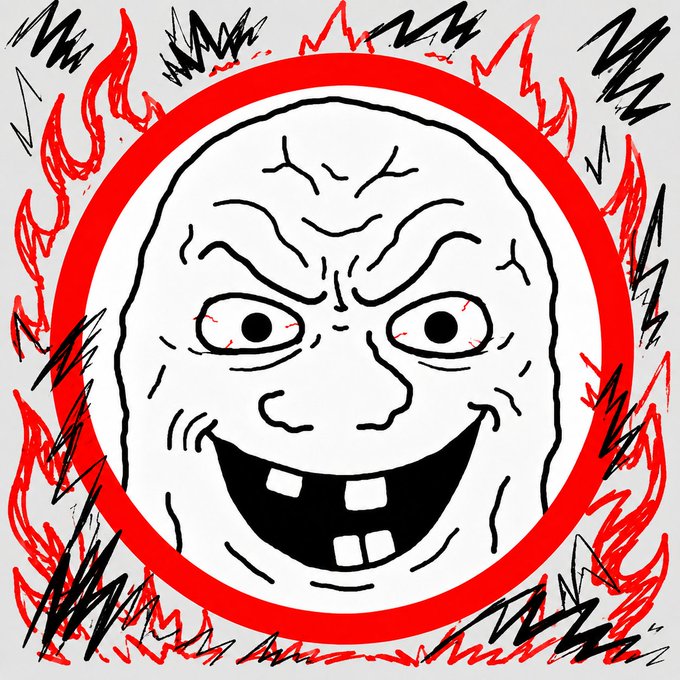 A 'wojak' style rage face meme drawing with an intense grinning expression surrounded by red and black flame/energy marks in a circular emblem.
