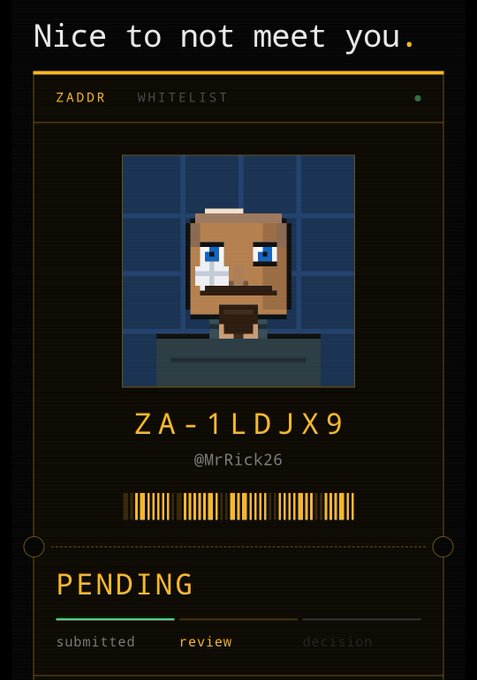 A dark-themed digital profile or whitelist card displaying the text 'Nice to not meet you.' above a pixel-art avatar of a bearded man. The card includes the name 'ZA-1LDJX9' (@MrRick26), a barcode, and a 'PENDING' status tracker.