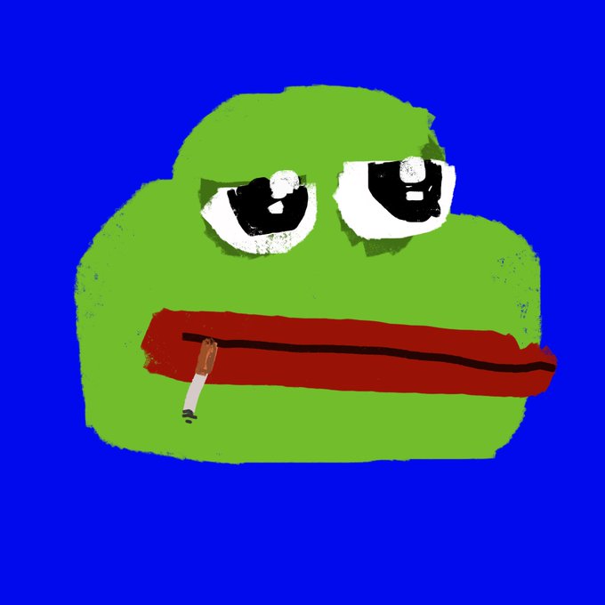 A crudely drawn green Pepe the Frog face with droopy eyes and red lips smokes a cigarette against a solid blue background.