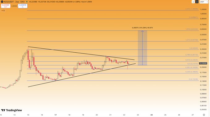 A TradingView 2-hour candlestick chart of ACE/USDT on Binance shows a symmetrical triangle pattern forming between roughly 0.21 and 0.30, with a projected breakout target marked at 0.49075 (a 191.09% extension from the triangle's apex near 0.2689) at the apex around November 23.