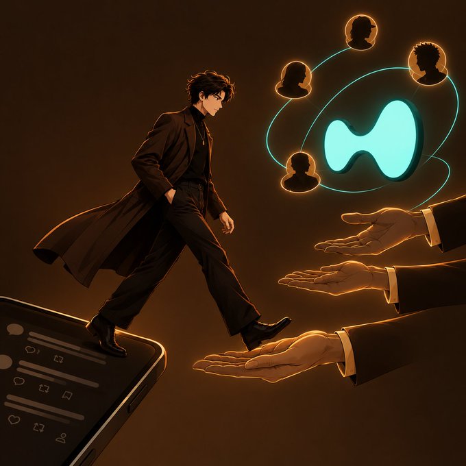 A man in a trench coat steps from a smartphone displaying social media icons into the waiting hands of a digital network, visually representing the text's call for creators to move beyond superficial posting and connect deeper.