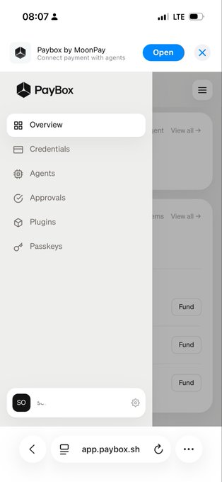 A mobile screenshot showing the Paybox by MoonPay app (app.paybox.sh) with an open side menu containing options like Overview, Credentials, Agents, Approvals, Plugins, and Passkeys, with a 'SO' widget at the bottom.