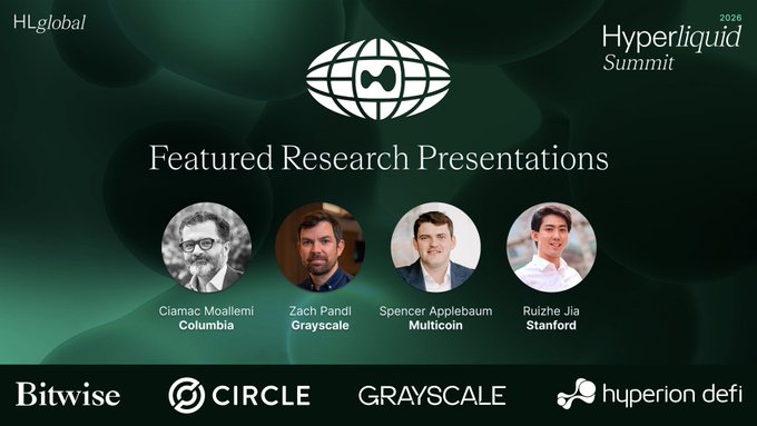 Promotional banner for the 'Hyperliquid Summit 2026' showcasing 'Featured Research Presentations' by Ciamac Moallemi (Columbia), Zach Pandl (Grayscale), Spencer Applebaum (Multicoin), and Ruizhe Jia (Stanford), with sponsors Bitwise, Circle, Grayscale, and Hyperion DeFi.