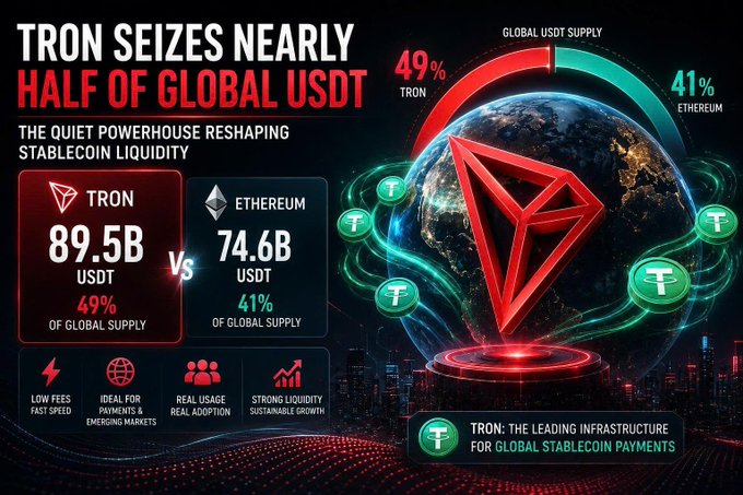 An infographic titled 'TRON SEIZES NEARLY HALF OF GLOBAL USDT' comparing TRON's $89.5B (49%) to Ethereum's $74.6B (41%) in global USDT supply, featuring the TRON logo and stats like low fees and strong liquidity.