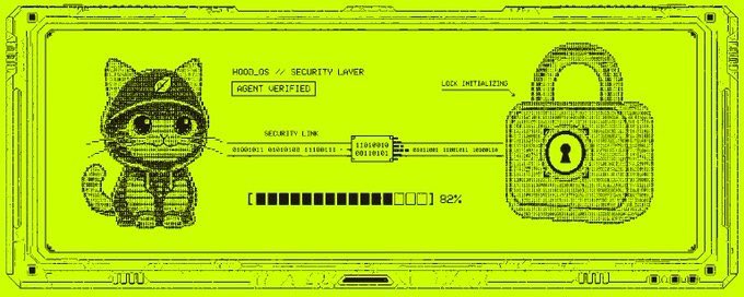 A pixel-art cat wearing a hoodie stands beside a large padlock on a green digital panel labeled "HOODL_05 // SECURITY LAYER" with "AGENT VERIFIED" displayed, alongside "LOCK INITIALIZED," an "82%" loading bar, and binary codes. The image ties into the HoodAI giveaway promotion, visually representing the AI agent's verified and secure status as advertised in the tweet.