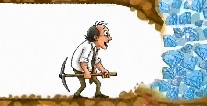 A determined miner with a pickaxe digs relentlessly toward a glittering wall of blue diamonds, symbolizing perseverance and commitment to building during a bear market. The image powerfully reinforces the post's message that while most airdrop farmers have given up and lost faith in crypto, true believers who continue "mining" through the tough times will be rewarded with the gems (opportunities).