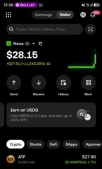The image shows a crypto wallet app displaying a balance of $28.15, which includes a "0.02785 (+13.24329%)" gain, with a toggle to "Earn on USDD" and a search bar highlighting "Crypto, Stocks, ETFs, NFTs, Approval." The screenshot appears to support the accompanying post's claim about the $AFT token airdrop, as the bottom of the screen shows the ATF token with a current price of $27.90 and a market cap of $0.00016B, aligning with the promotional message about the airdrop opportunity.
