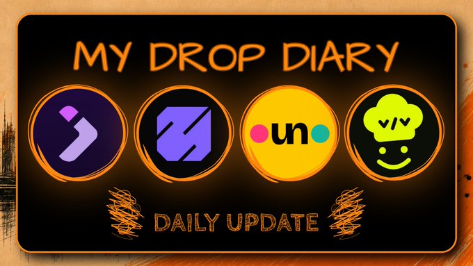 A neon-style graphic titled 'MY DROP DIARY DAILY UPDATE' featuring four circular icons of different digital collectibles or brands.