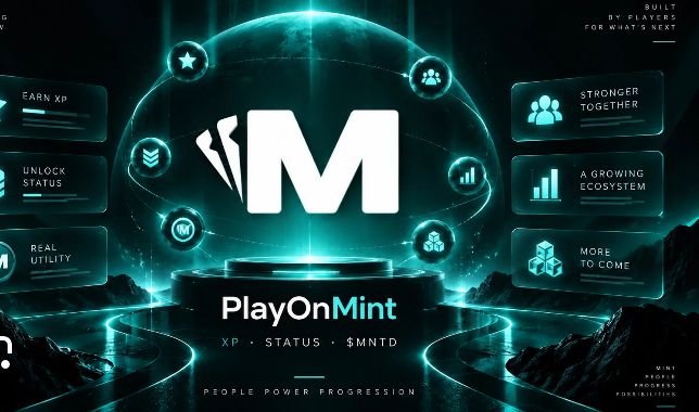 A digital advertisement for 'PlayOnMint' featuring a glowing 'M' logo with text reading 'XP • STATUS • $MNTD' and 'PEOPLE POWER PROGRESSION', surrounded by icons labeled 'EARN XP', 'UNLOCK STATUS', 'REAL UTILITY', 'STRONGER TOGETHER', 'A GROWING ECOSYSTEM', and 'MORE TO COME'.