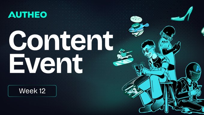 A promotional graphic for "AUTHEO Content Event Week 12" featuring stylized teal and white illustrations of characters interacting with food, smartphones, and a high-heel shoe against a dark teal background.