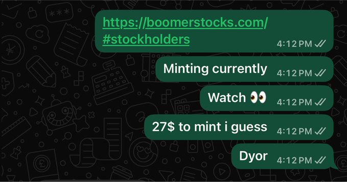 A WhatsApp chat shows messages discussing an NFT mint on "boomerstocks.com/#stockholders," with users noting "Minting currently," "27$ to mint," and "Dyor" (do your own research) at 4:12 PM. This relates to the post highlighting a current valuation of $113 with a 4x return on the mint investment.