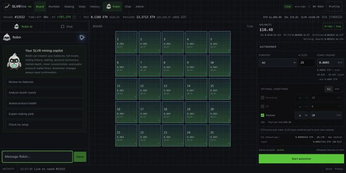 A dashboard screenshot of the SLVRmine.io platform for mining $SLVR token (Robin AI assistant), showing stats like 0.1108 ETH, 0.001 SLVR per round, and an inactive round #1102, supporting the user's praise of the automated mining tool's simplicity.