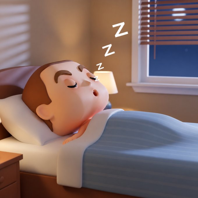 A 3D rendered illustration of a cartoon man sleeping in bed with his mouth open, with 'Zzz' symbols floating above him, set against a nighttime scene with window blinds.