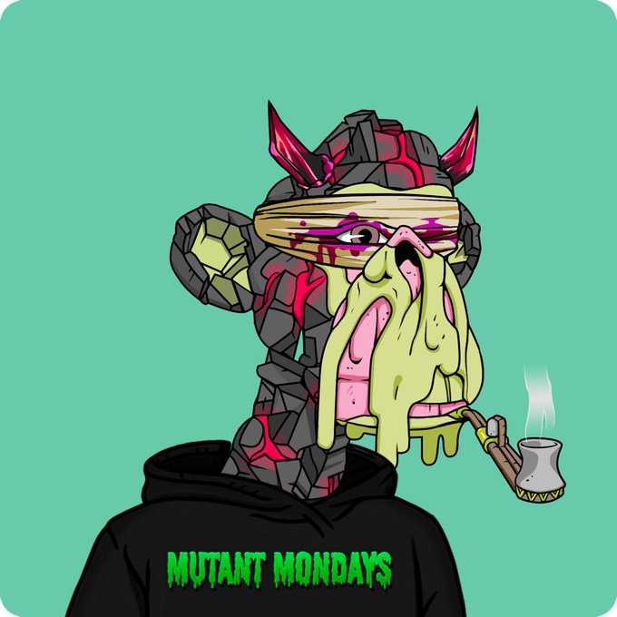 A cartoon illustration of a lava-textured demon figure with a melted face, bandaged eye, and slobbery pipe smoking, wearing a black hoodie that reads "MUTANT MONDAYS." The grotesque creature embodies the post's "Happy Mutant Monday" theme, serving as a quirky mascot for the series.