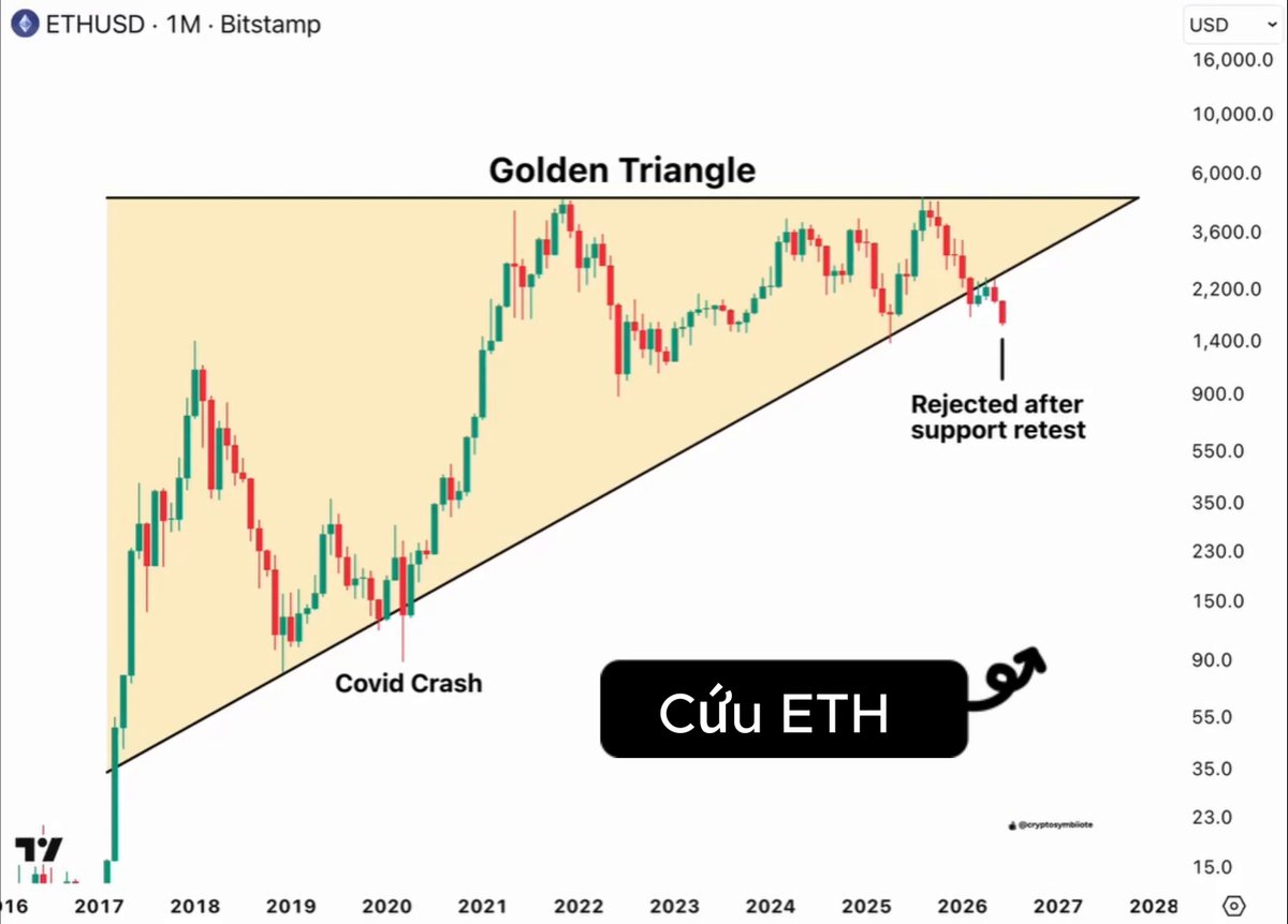 The image displays a line graph of a triangle, which is a financial indicator used for predicting market trends. The x-axis represents time, while the y-axis shows the value of the triangle. There are two points or lines on the graph that seem to be in disagreement with one another. This indicates that there may have been a "covid crash" event in 2020 affecting the cryptocurrency market.