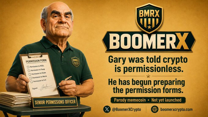 A promotional graphic for BOOMERX (BMRX), a parody memecoin featuring an older man in a 'SENIOR PERMISSIONS OFFICER' shirt holding a permission form, with text reading 'Gary was told crypto is permissionless. He has begun preparing the permission forms.'