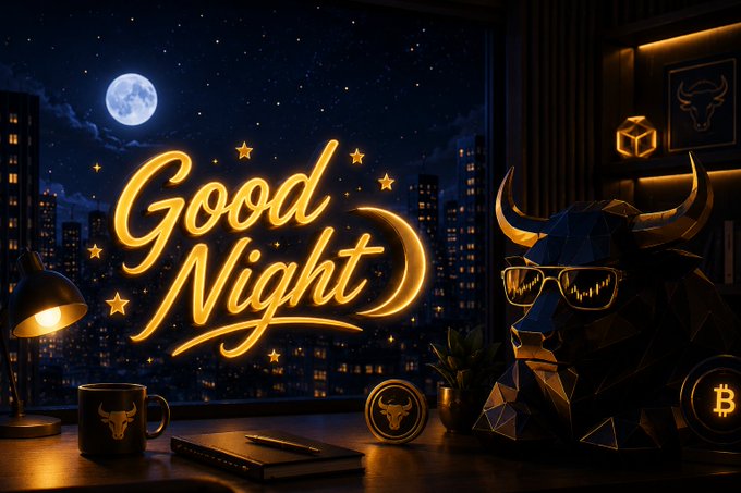 A digital illustration of a desk at night with a neon "Good Night" sign, a low-poly bull head wearing sunglasses, a Bitcoin logo, and a bull-themed mug against a city skyline.