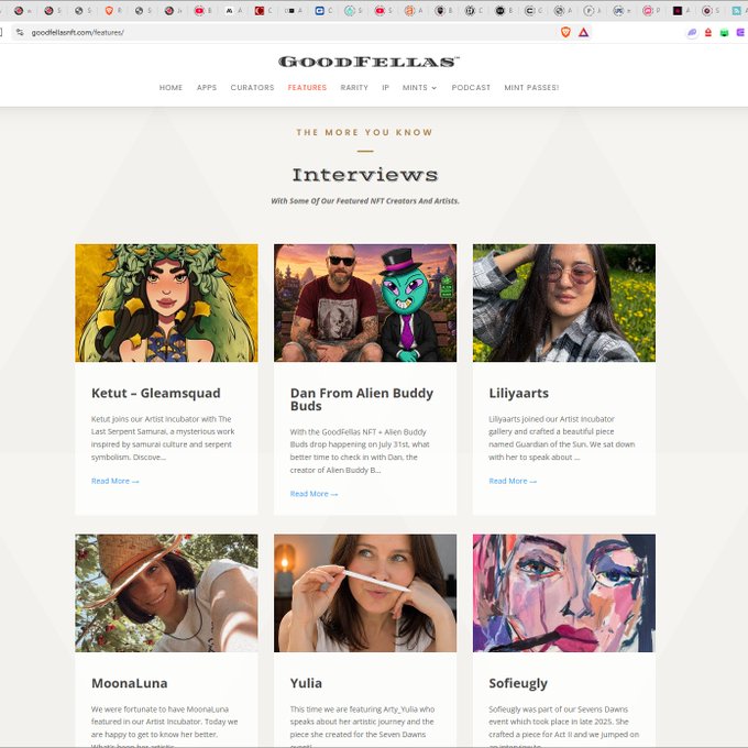 A screenshot of the GoodFellas NFT website's Features page displaying an 'Interviews' section with profiles of NFT artists like Ketut, Dan, Liliyaarts, MoonaLuna, Yulia, and Sofieugly.