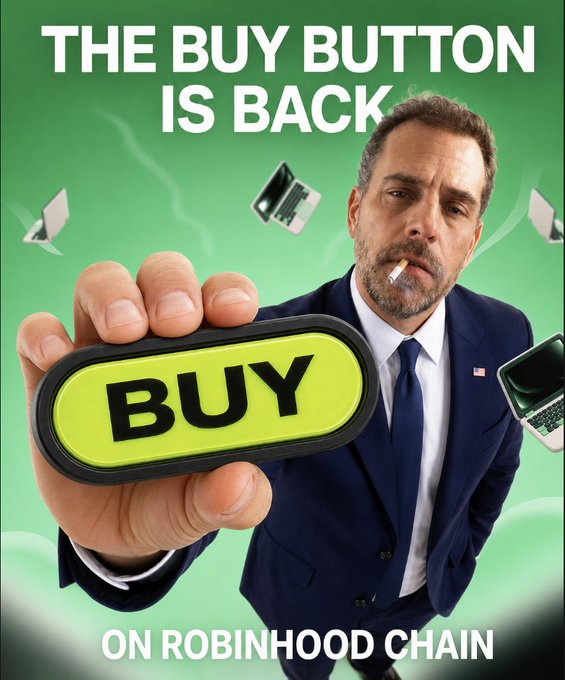 A promotional meme featuring a man in a blue suit with a cigarette, holding out a large green 'BUY' button toward the viewer, with text reading 'THE BUY BUTTON IS BACK' and 'ON ROBINHOOD CHAIN'.