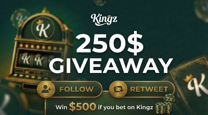 A promotional graphic for "Kingz" casino announces a "$250 GIVEAWAY" with calls to "FOLLOW" and "RETWEET," featuring a slot machine illustration. The post describes a giveaway where $250 goes to one reply guy, requiring follows to @Winify and @kingzcasino, a retweet and comment with a $SOL address, with the prize doubling to $500 for those who deposit on the Kingz platform.