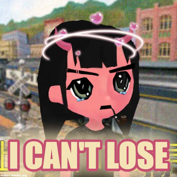 An anime-style chibi character with pink skin, horns, and a halo with the bold text 'I CAN'T LOSE' and a 'maker.remilia.org' watermark.