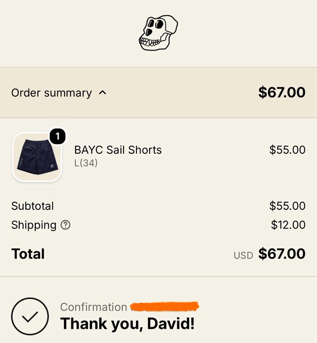 An order confirmation screen for BAYC Sail Shorts in size L(34) totaling $67.00, with a thank you message to David.