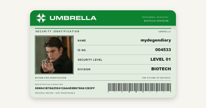 An ID card from the 'Umbrella' corporation's 'Biotech Division' with the name 'mydegendiary', ID No. 004533, Security Level 01, featuring a photo of a young man, and labeled as a personal, non-transferable record.