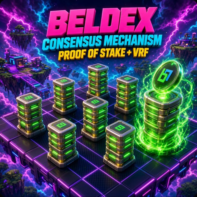 A promotional graphic reading "BELDEX CONSENSUS MECHANISM PROOF OF STAKE + VRF" featuring stacks of glowing green servers and a green 'b' coin.