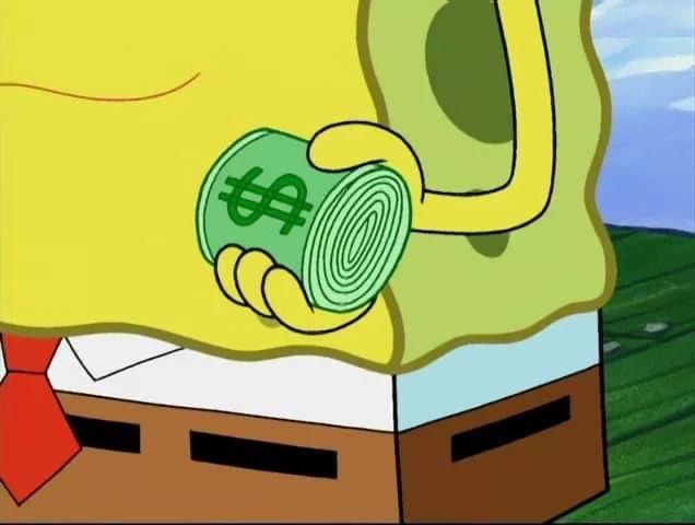 A cartoon character holds a roll of money with a green dollar sign in front of their torso, wearing a red tie and brown pants.