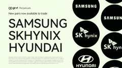 The image features a poster for Samsung Skyhynix Hyundai, which is displayed against a white background with black text. The poster includes several logos of different companies such as Hyundai, Korea, and Samsung. The text on the poster reads "Korea joins @grvt_io's growing RWA lineup Korea's stock market, one of the best performing major equity markets on earth right now". This suggests that Korea has recently joined a group of companies in their stock market, which is known for its performance and growth potential.
