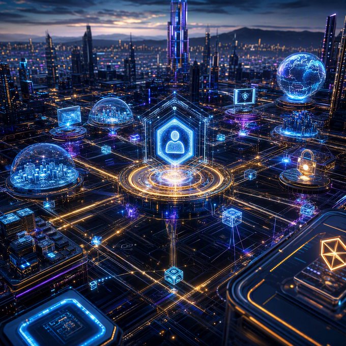 Futuristic cityscape illustration with glowing neon blue and gold technology elements, including a central user icon shield and holographic globes representing a digital network.