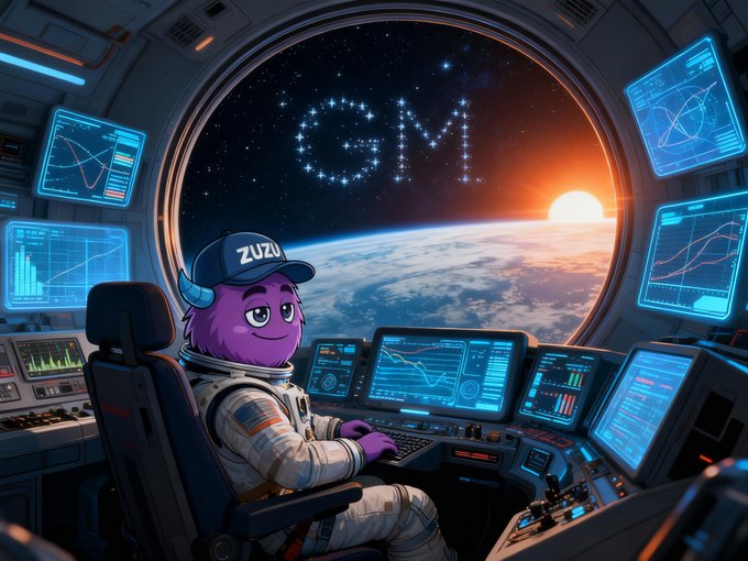 A purple mascot wearing a "ZUZU" cap sits at a spacecraft control panel, with "ZUZI" spelled out in stars above Earth's sunrise as it orbits the planet. The cosmic, bullish scene visually reinforces the post's "GM GM Another orbit. Another opportunity" message, suggesting forward momentum and a new day for the $ZUZU token.