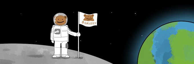 An illustrated astronaut on the moon plants a '$GRIZZY' flag with a bear face, with Earth visible in the background.