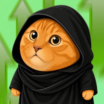 This image features a cute, orange tabby cat wearing a black hooded robe, with green upward-pointing arrows in the background, symbolizing the "takeover" of the memecoin market by $CATCULT as described in the post. The cat's appearance embodies the idea of a growing, unified movement taking over.