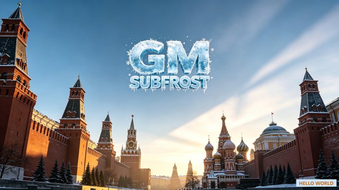A promotional image featuring the text 'GM SUBFROST' and 'HELLO WORLD' set against a backdrop of Moscow's Kremlin and St. Basil's Cathedral at sunset.