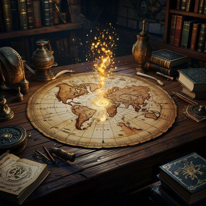 The image features a wooden table covered with various books, maps, and other objects that suggest an intellectual or academic setting. The main focus of the image is a large world map placed at the center of the table surrounded by numerous books and other items. A golden explosion is emanating from the center of the table, drawing attention to itself as the most prominent feature in the scene.