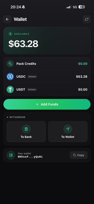 A dark-themed mobile wallet screen shows an available balance of $63.28, with holdings in Pack Credits ($0.00), USDC on Solana ($63.28), and USDT on Solana ($0.00), along with options to "Add Funds," "Withdraw to Bank/Wallet," and a partially obscured wallet address beginning with "8MYxzF." The image relates to the post by displaying a crypto wallet containing USDC funds on Solana, which could be used to participate in the promoted Pokémon card collection game or phygital prize spins.