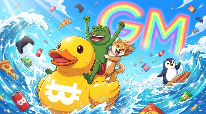 A cheerful Pepe the Frog and a Shiba Inu dog joyfully ride a giant rubber duck on crashing waves, surrounded by a rainbow "GM" sign, pizza slices, soda cans, gaming controllers, and a penguin on a surfboard—perfectly matching the upbeat "GM Warriors! Win early, win often." crypto greeting.