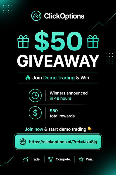 A promotional graphic for ClickOptions announces a "$50 GIVEAWAY" with demo trading, featuring a referral link and noting that winners will be announced in 48 hours. The image ties into the post's theme by presenting the giveaway as a result of manifestation, suggesting winning the $50 reward without typical entry requirements like an address.