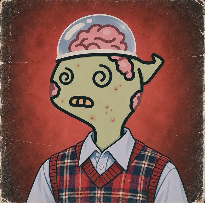 A cartoon illustration of a green-skinned, zombie-like character wearing a plaid sweater vest and a transparent dome helmet revealing an exposed brain, with spiral eyes and a few gold teeth, set against a distressed red background.
