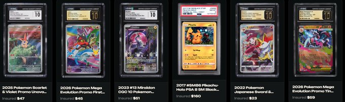Six graded Pokémon cards displayed side-by-side against a black background, including a 2026 Pokémon Scarlet & Violet Promo Unova, 2026 Pokémon Mega Evolution Promo First, 2023 #13 Miraidon, 2017 Pokémon Pikachu PSA 8, 2022 Pokémon Japanese Sword, and 2026 Pokémon Mega Evolution Promo Tin, with prices ranging from $23 to $160.