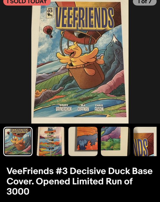 A VeeFriends #3 'Decisive Duck' comic book cover by Gary Vaynerchuk, Jim Coffman, and Chris Eason, marked '1 SOLD TODAY' as part of a limited run of 3000.