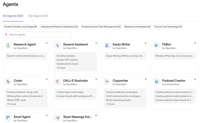The image is an screenshot of a page from a software called openservai, which provides access to information about various open service agents, like podcast creators or copywriters. The page displays several profiles, each offering different services or skills related to podcast creation and marketing strategies. The main focus of the post in question is discussing this particular page with the reader by referencing it as a source for understanding more on how to use these open service agents effectively. The image does not provide specific information about the content within the post, but it appears that it contains relevant information about using openservai and open agent's profiles.