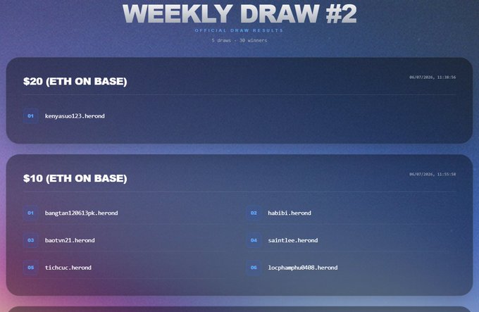 A dark blue announcement graphic titled 'WEEKLY DRAW #2 OFFICIAL DRAW RESULTS' listing 5 draws and 10 winners, including $20 ETH on Base prize won by kenyasuo123.herond and $10 ETH prizes awarded to usernames like bangtam2061pk.herond and habibi.herond.