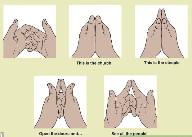 An illustrated four-panel guide showing how hands can be positioned to represent a church, with captions 'This is the church', 'This is the steeple', 'Open the doors and...', and 'See all the people!'.