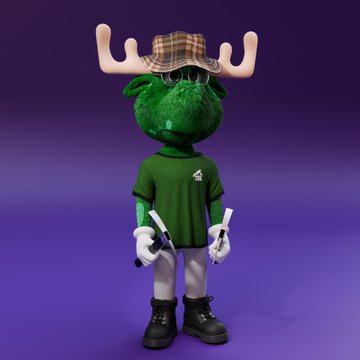 3D-rendered character of a green furry moose wearing a green t-shirt, plaid hat with antlers, black boots, and holding a gun, set against a purple background.