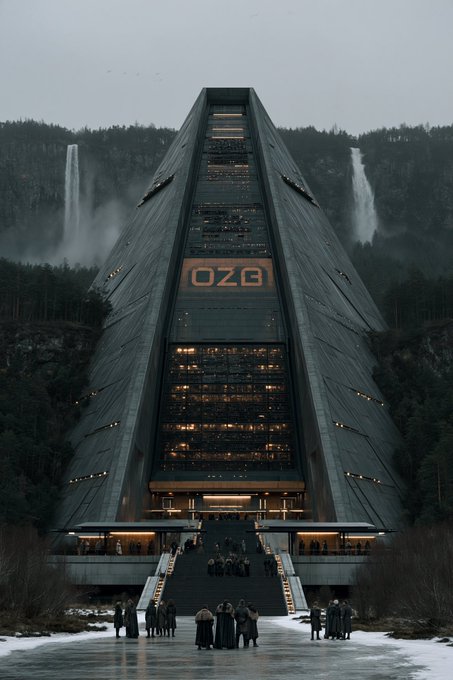A massive futuristic black pyramid-style building with 'OZB' displayed in red lettering stands between mountains with waterfalls, as small groups of people gather at the base of a grand staircase.