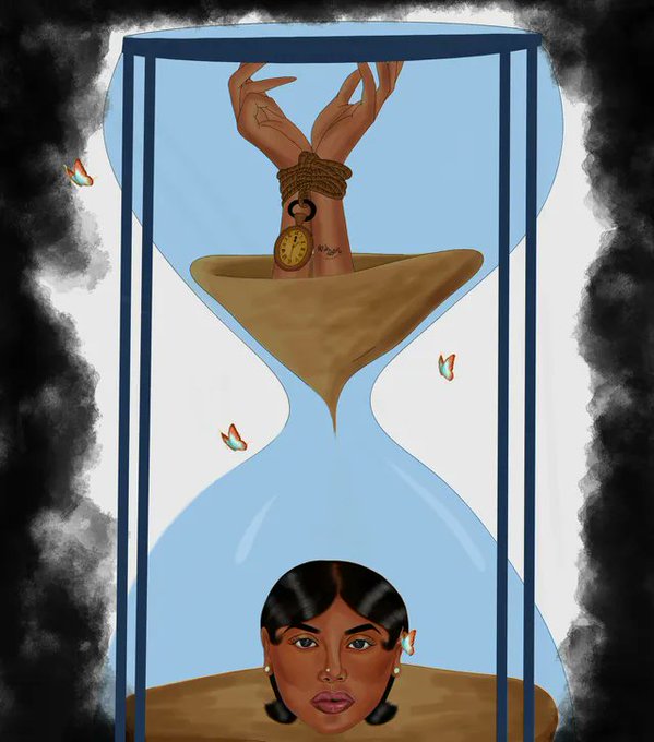 A symbolic digital illustration showing a woman's head at the bottom of an hourglass with hands bound by rope at the top, accompanied by a pocket watch and surrounded by butterflies and dark smoke.