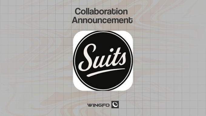 The image displays a "Collaboration Announcement" featuring the "Suits" logo (a black circle with white cursive text inside a rounded square app icon) alongside the "WINGFO" branding at the bottom, set against a marbled grid background. It visually announces the partnership between Wingfo and Suits, highlighting the free mint collaboration with a 3,000 supply launching August 31st.